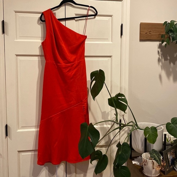 Sam Edelman Red One‎ Shoulder Cady Midi Cocktail Dress Coral Red Wedding Size 8 - Picture 1 of 9